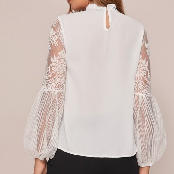 white sheer sleeve lace long sleeve Top Classic - Picture 4 of 10